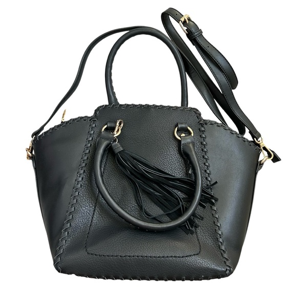 ISABELLE Women’s Nubuck Leather/Vegan Leather Purse Tote Black/Gold Braid Tassel - Picture 1 of 10